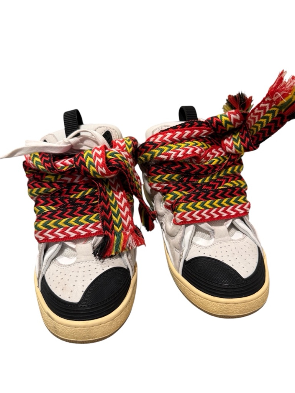 Lanvin White Sneakers with Black Toe Caps and Multicolor Braided Laces